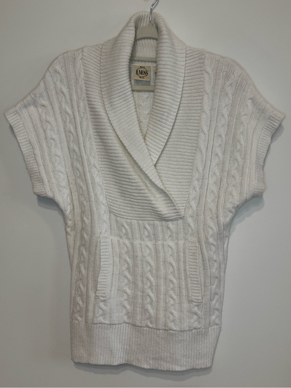 B. Moss Women’s Off-White Cable Knit Sweater Cap Sleeves Shawl Collar Size L